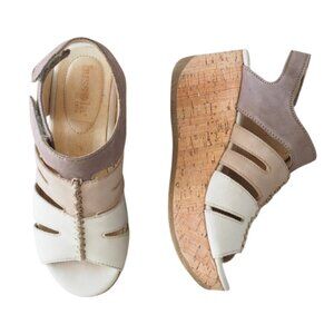 Bussola Leather Wedge Sandals – Beige & Taupe, Cork Heel, Size UK 37 / US 6.5